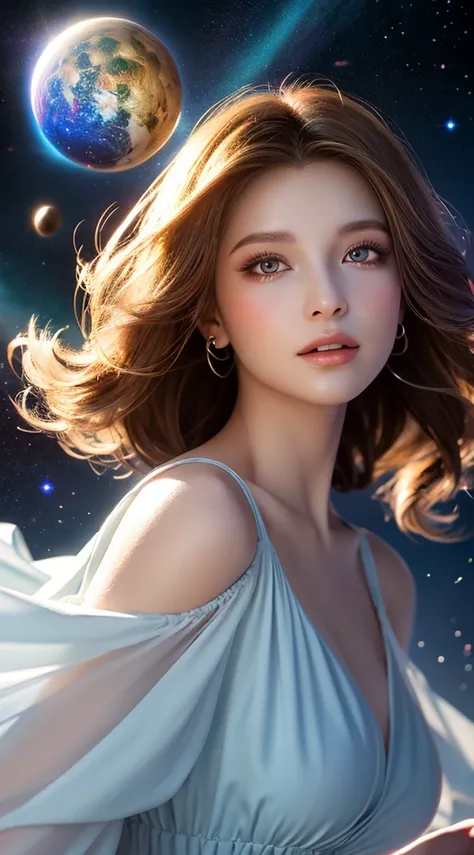 (realistic) A girl in cloud universe with shining stars and galaxy, wearing a (clean and elegant) dress, surrounded by (vibrant and colorful), light particles surround, heaven opens into the swirls of galaxy. Her (beautiful detailed) eyes and (beautiful de...