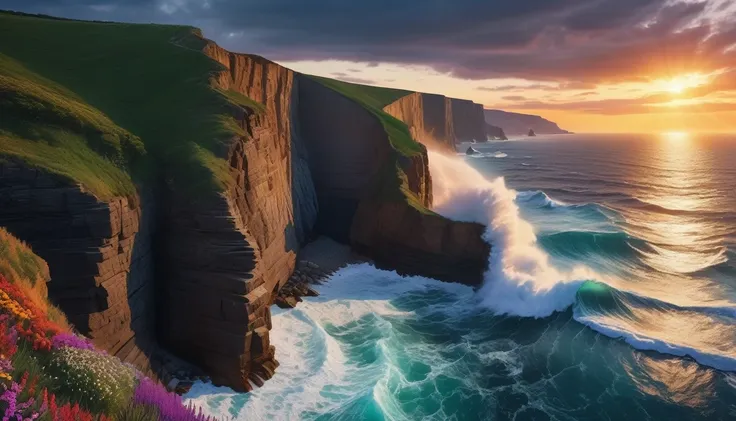 beautiful sunset seascape, big waves crashing against the cliff, colorful flowers blooming on the cliff (masterpiece, ultra quality, high resolution, 8k, intricate: 1.2), (masterpiece), (best quality:1)