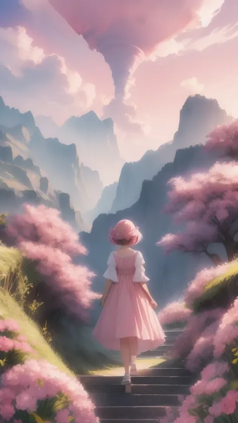 Absurd, Highest quality, (((landscape))),One beautiful girl, Bobcut, Pink spiral staircase leading to the clouds, walk, ((Pink Cloud)), Pale pink style, A dreamy, romantic piece, Pale colors, Bright colors, Fantastic, A playful arrangement,Fantasy, High Co...