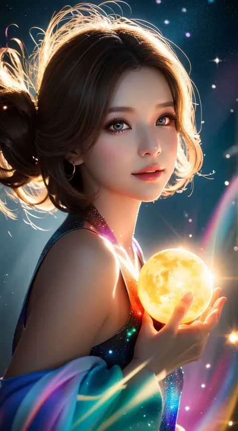 (realistic) A girl in cloud universe with shining stars and galaxy, wearing a (clean and elegant) dress, surrounded by (vibrant and colorful), light particles surround, heaven opens into the swirls of galaxy. Her (beautiful detailed) eyes and (beautiful de...