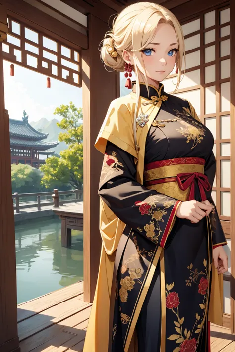 1female, blonde hair, messy updo, blue eyes, black and golden Chinese-designed attire, intricate embroidery, standing confidently, serene expression, traditional Chinese garden background, detailed face, hands to the side, standing on a path