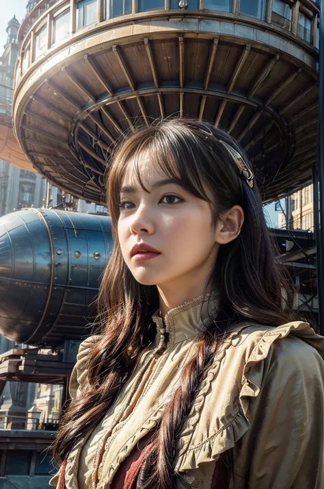 source_photo, (photography, realistic:1.4), cinematic, depth of field, bokeh, best quality BREAK
a woman, solo, steampunk adventurer, dynamic angle, dramatic lighting, Victorian-era outfit with mechanical gadgets, airship dock, towering zeppelins, mechanic...