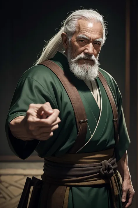 8k,Wearing a green and black Japanese kimono、An elderly man with a muscular slim body and white beard, style sacristy water, tie long white hair back,close-up character portrait,  low length,muscular slim body,Stanley Artgerm Rau, wearing old samurai cloth...