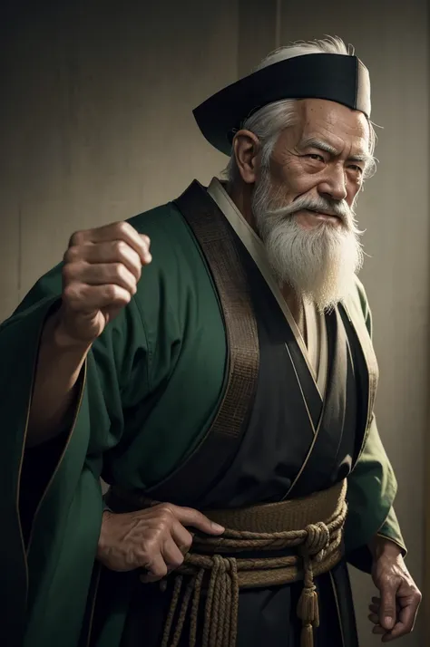 8k,Wearing a green and black Japanese kimono、An elderly man with a muscular slim body and white beard, style sacristy water, tie long white hair back,close-up character portrait,  low length,muscular slim body,Stanley Artgerm Rau, wearing old samurai cloth...