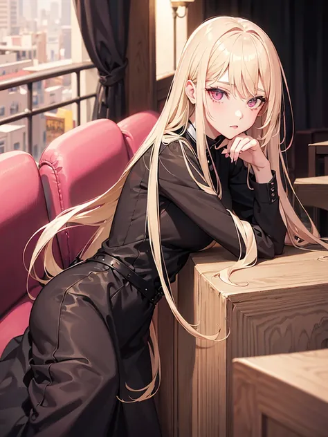 (((Adult woman))), pink eyes, long blonde hair, beautiful black dress, theater seat