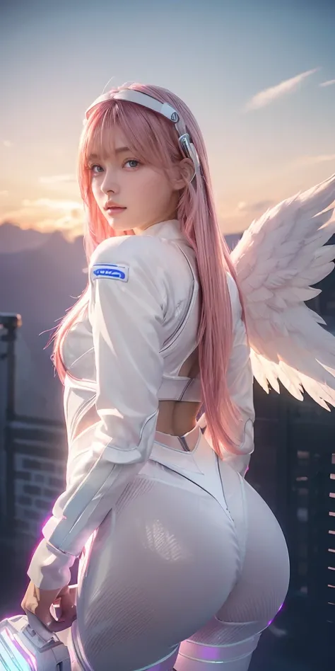 ((masterpiece, best quality, extremely detailed), volumetric lighting, ambient occlusion, colorful, glowing), 
1girl, solo, young girl, (pink hair), long hair, halo, aura, sacred, godness, cyber suit, (white outfit:1.3), android, bot, angel wings,
outdoors...