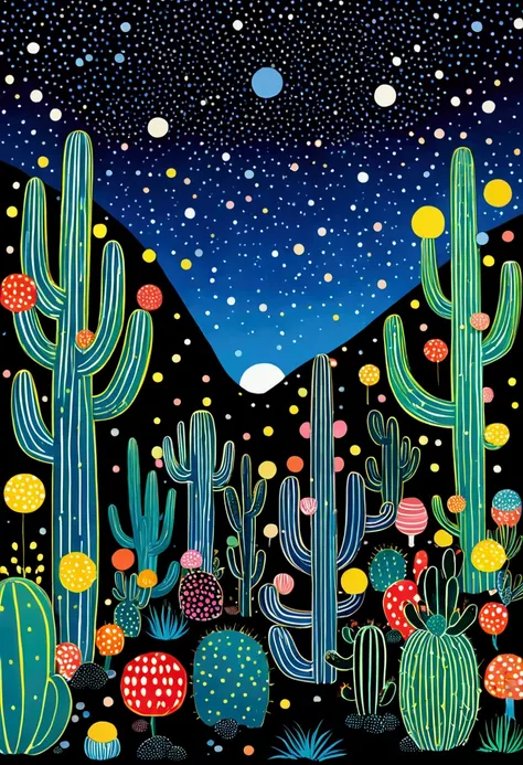 Blue starry sky、Neon，cactus，firefly，Dreamy colors，Illustration style（Artists can refer to Yayoi Kusama）