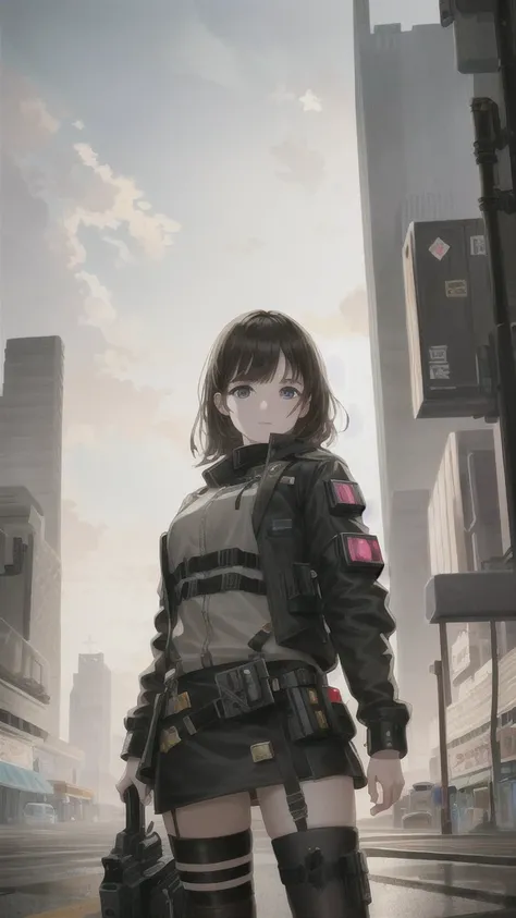 hyper realistic, masterpiece, very detailed, sci-fi, dystopian, (beautiful eyes ), (bangs), brunette, Woman,  detailed face, detailed skin, baggy clothes, thigh high socks, skirt,  cyberpunk, soft light, subsurface scattering,((skyline)), cumulonimbus clou...