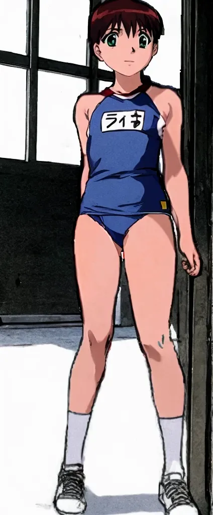 Miyanoshita Satsuki, with her beautiful legs, is standing by an indoor pool in a high-cut swimsuit with the bright blue arena lettering and mark.。