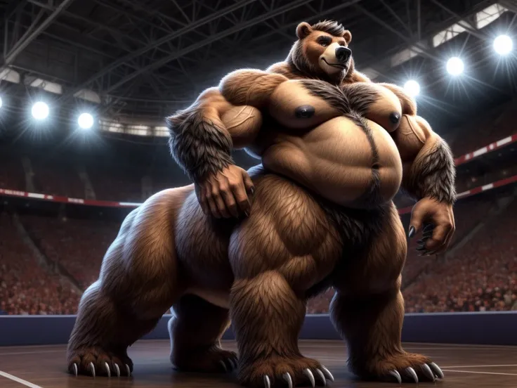 furry, fur taur, beartaur, human-like, anthro,  middle-age, solo,1man, detailed face, bear ears, bear eyes(brown), bear nose(black), bear mouth, beard(grey), hair, mature hair(grey), detailed arm, thick arm, forearm hair, muscular, thick hands(5 fingers), ...