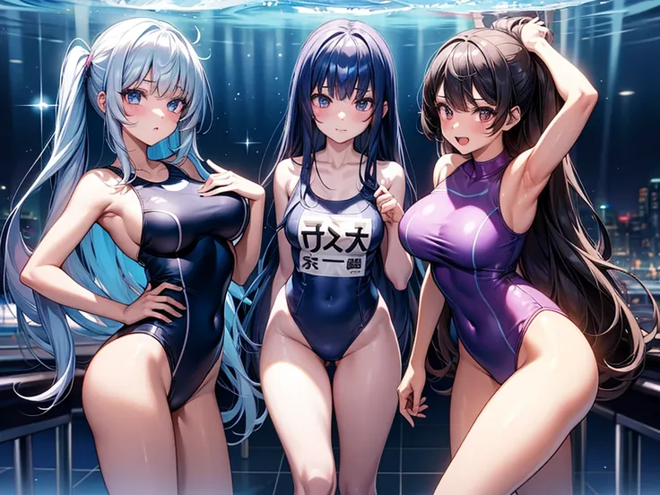 School swimsuit 3girls, cyber world, hologram,　School swimsuit, cyber world, Hologram, SF, gleaming, glamourous, glossy skin
