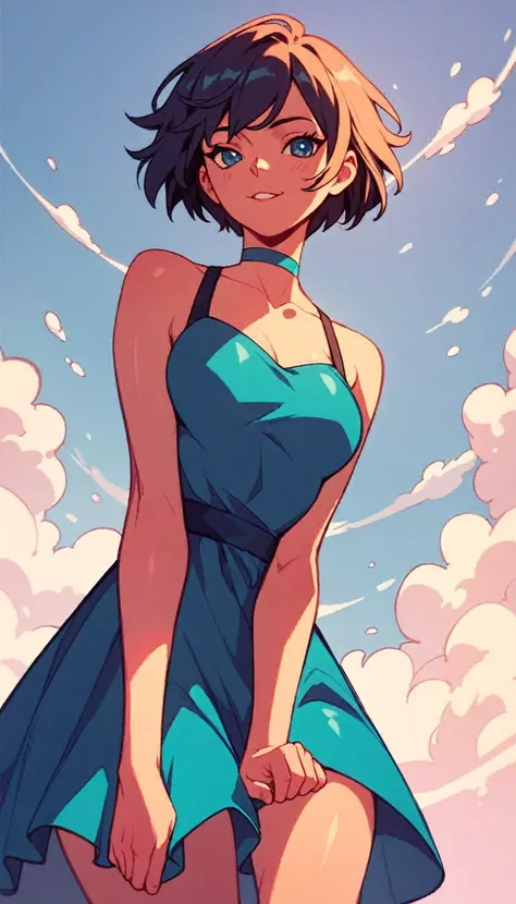 woman, short hair, put on a dress