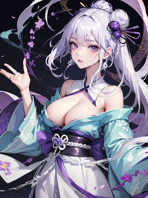 Top quality, high image quality, masterpiece, empress of japan, white hair, ((violet eyes)), light blue kimono, dark blue haori, upper body, hair strands, fair skin, elegant, graceful, beautiful, hair in a bun, hair ornament, imperial Japan, large breasts.