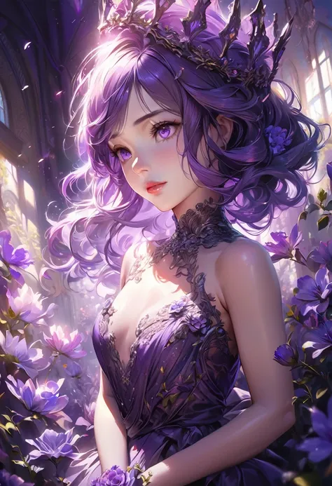 A beautiful girl in a purple field, long purple hair, purple floral crown, serene expression, detailed eyes and lips, delicate skin, graceful pose, sunlight filtering through purple flowers, vibrant colors, cinematic lighting, detailed texture, digital pai...