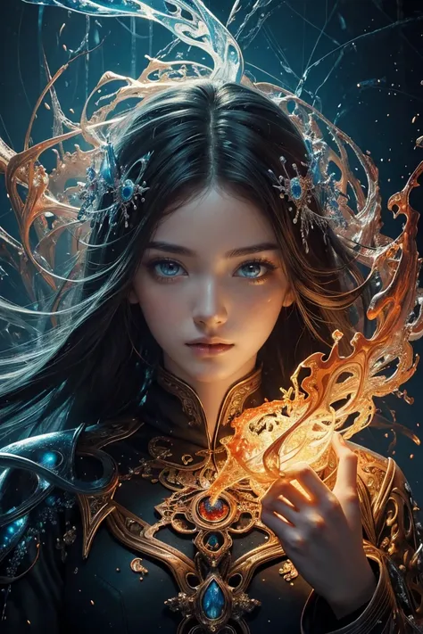 (masterpiece, Highest quality, Highest quality, Official Art, beautifully、aesthetic:1.2), (One girl), extreme detailed,(Abstract, Fractal Art:1.3),Colorful Hair,highest detailed, detailed_eye, fire, water, ice, Lightning, Light_particle, Ghost