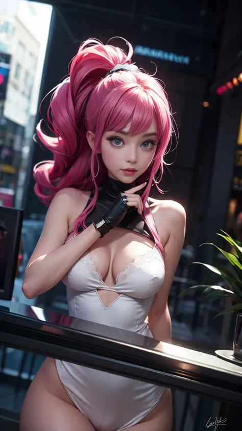 Lala Satalin, long hair, pink hair, eyes green, tight jumpsuit 