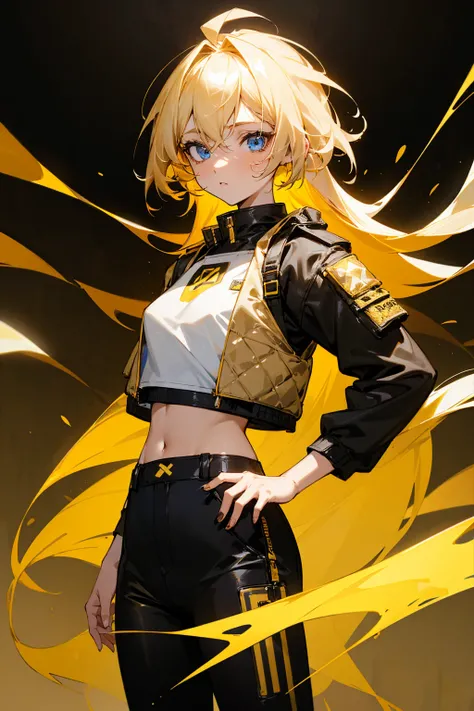 1female, blonde hair, blue eyes, messy let down hair, white crop top, black and gold jacket with gold designs, black pants, foggy background, standing, hands at sides