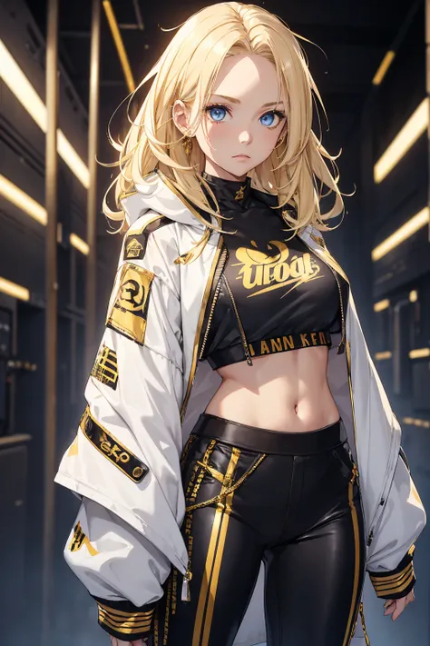 1female, blonde hair, blue eyes, messy let down hair, white crop top, black and gold jacket with gold designs, black pants, foggy background, standing, hands at sides