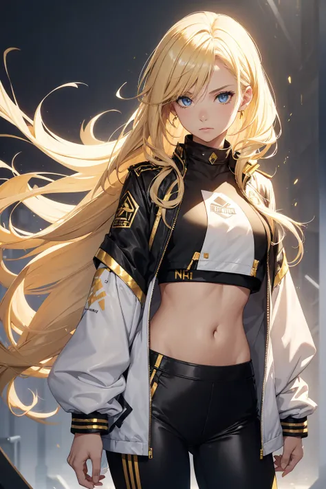 1female, blonde hair, blue eyes, messy let down hair, white crop top, black and gold jacket with gold designs, black pants, foggy background, standing, hands at sides