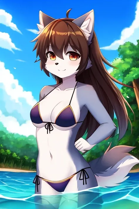 A cute wolf furry girl wearing a bikini top in the water.