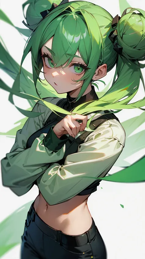 Green hair, green eyes, angel, bun hair, one eye exposed, mini pants