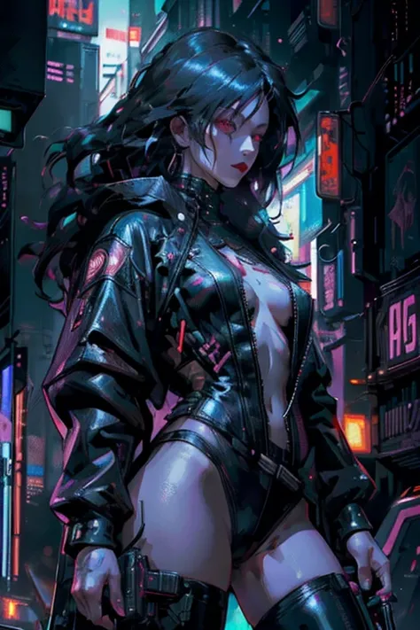 ((ultra realistic illustration:1.2)),(cyberpunk:1.4),(dark sci-fi:1.3). Sexy Japanese woman, with long black hair, red lipstick, wearing leather lingersuit, fishnets, jacket, thigh high boots. Rebellious. Dystopic megacity, gritty, neon, hell, Armored Core...