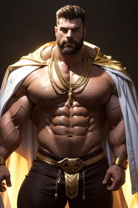 Dressed as the masked superhero “Mental Mind”, wearing a full head mask. a very handsome, sweet and truly massive bare-chested monster Caucasian bodybuilder is showing off his huge bicep muscles and meaty thighs. Intense 50 year old man. brown hair, powerf...