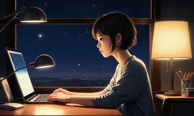 Female programmer in her 20s、Picture yourself working in a room at home.。She has a short hairstyle、stare intently at a computer screen。The room is dark&#39;night.、Keyboard on the desk、mouse、There are also a few programming-related books..。In the background...