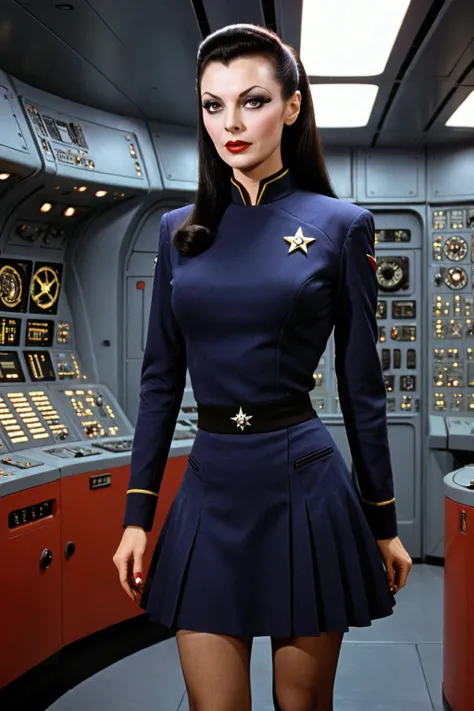 1 woman (Vampira Maila Nurmi, age 25, star fleet mini skirt uniform), visiting the bridge of the Enterprise to advise Captain Kirk