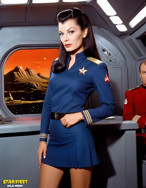 1 woman (Vampira Maila Nurmi, age 25, star fleet mini skirt uniform), visiting the bridge of the Enterprise to advise Captain Kirk
