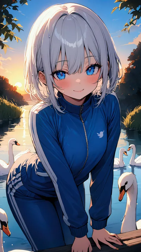 masterpiece, Highest quality, Ultra-high resolution, (beautiful girl: 1.3), Bob cut, Hair color is light silver、Looks about 15 years old、 (Blue sweatpants:1.3), (The jacket is a blue track jacket.: 1.3), The sunset is dazzling when you enter the waterway.....