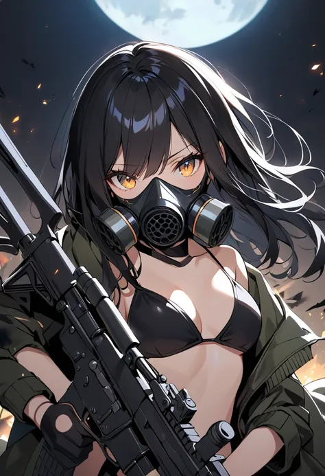 a beautiful young girl with long, shiny black hair, glowing hair, wearing a bikini, gas mask, holding a heavy weapon like an M4A1 assault rifle or machine gun, against a moonlit background