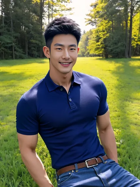 ((realistic daylight)) , young korean man in a navy blue polo shirt only, no stripes, and jeans., a handsome, muscular young asi...