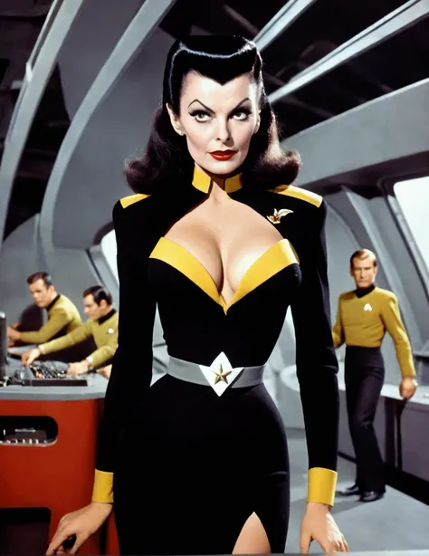 1 woman (Vampira Maila Nurmi, age 25, star fleet mini skirt uniform(breasts over exposed)), visiting the bridge of the Enterprise to advise Captain Kirk
