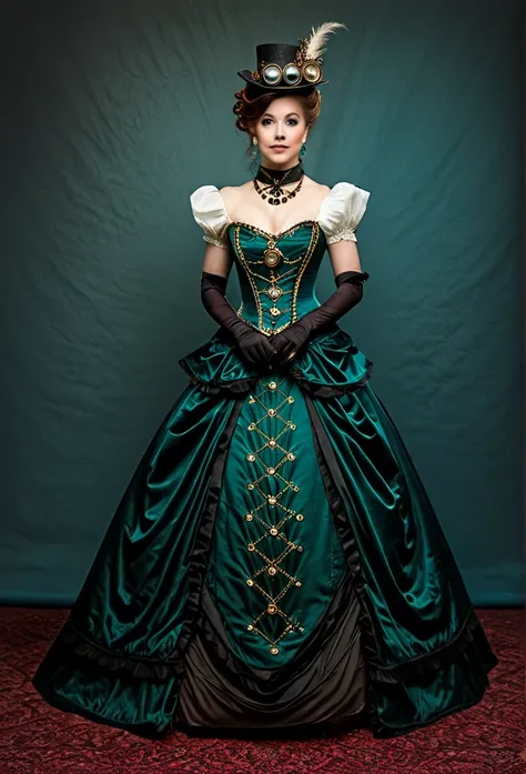 a steampunk aristocrat enchantress attends a ball wearing a gown that embodies the ingenuity of the victorian era