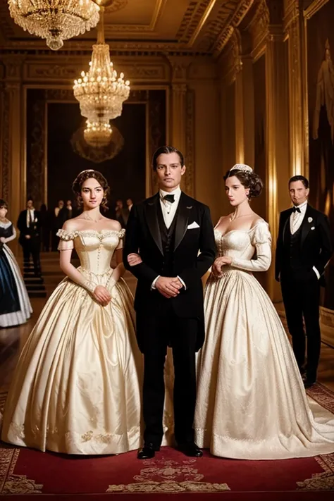 I want a period drama movie poster, where three women and three men should be scattered across a beautiful ballroom. The women should be in Victorian ball gowns and the men should be in tuxedos. There should be one blonde woman in the centre in the most be...