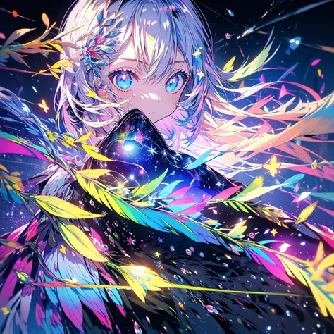 masterpiece、girl、Rainbow colorsの髪、Sparkling eyes、Serious face、Shining Background、Starry Sky Skiing、Rainbow colors、(((character &References;Spring&References;)))