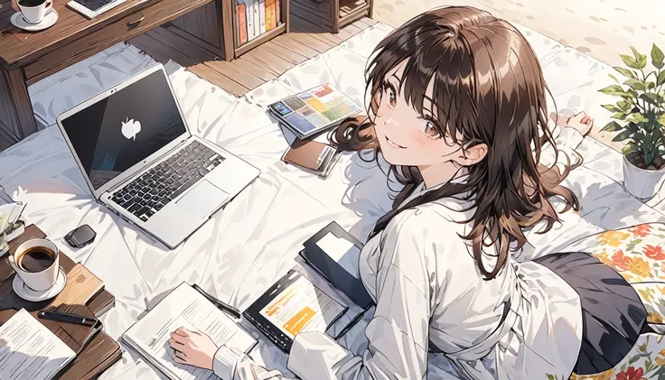 woman,Spread out your laptop and work,Drink coffee,Brown Hair,Black Hair,smile