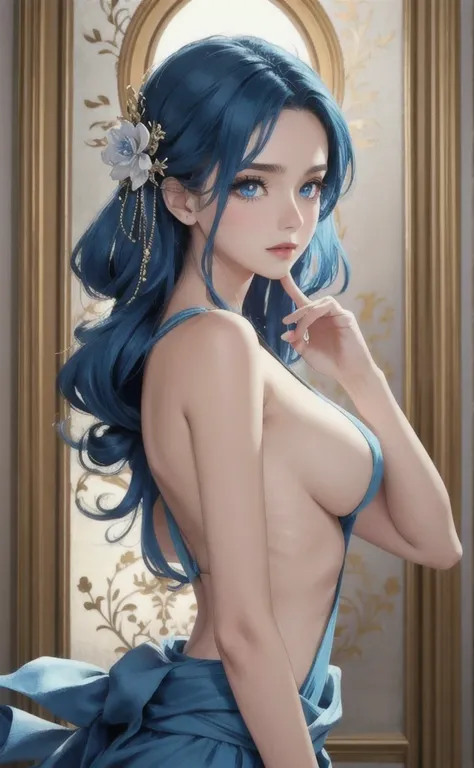 (masterpiece:1.4, best quality), (intricate details), unity 8k wallpaper, ultra detailed, beautiful and aesthetic, perfect lighting, (1boy), (blue hair, blue eyes, medium breasts),, dynamic pose, dynamic angle,  lipstick, slim, slim body, medium breasts, ,...