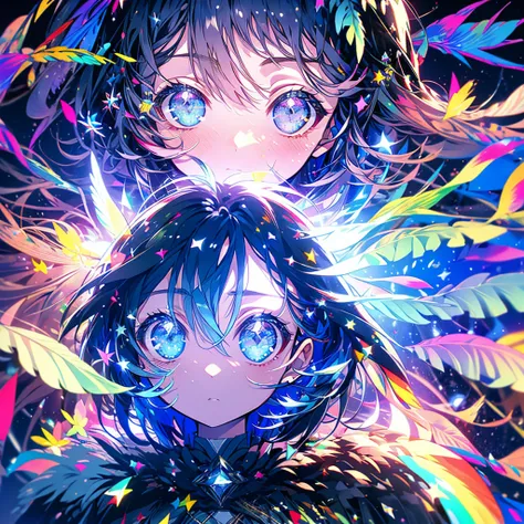 masterpiece、girl、Rainbow colorsの髪、Sparkling eyes、Serious face、Shining Background、Starry Sky Skiing、Rainbow colors