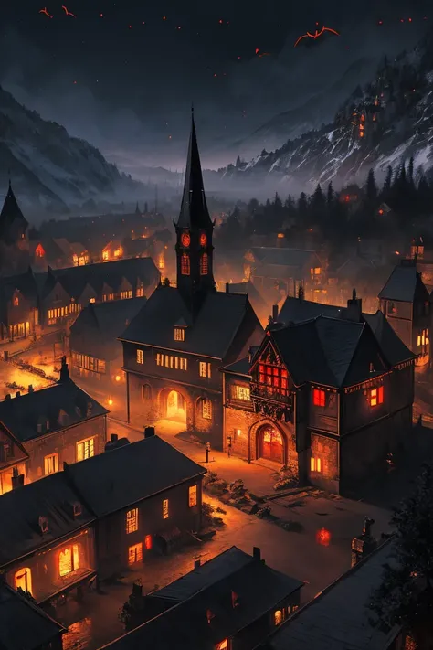 old European village shot with bird view, (Red glowing eyes), masterpiece, Depth of written boundary, Lutz, Gwaites style artwork, Gothic aesthetics, Dark Vampire village, ((in the dark gothic style cathle:1)), ((dark mid-night time:1.5)),