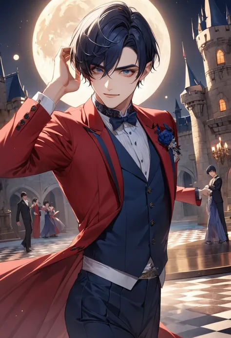 1 male　Dark blue short hair　Bangs parted above the right eye　Dark blue eyebrows　Red formal wear　Dance　full moon　Inside the castle