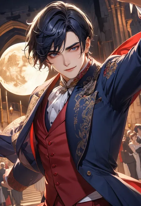 1 male　Dark blue short hair　Bangs parted above the right eye　Dark blue eyebrows　Red formal wear　Dance　full moon　Inside the castle