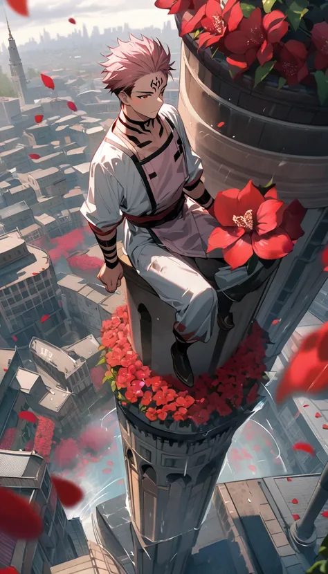 A 25 year old adult man, named "Royaman Sukuna" with pink hair, with a distinctive chiri diwaja tattoo, was sitting on top of the city tower, with the effect of falling rain water drenching him, and red orchid flower petals flying.