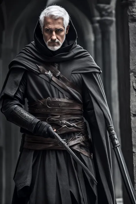 Assassin, male, fantasy style, strong body Wear a mask to cover your face. Wears black medieval clothing and a white hoodie on the outside, gray hair, short hair.