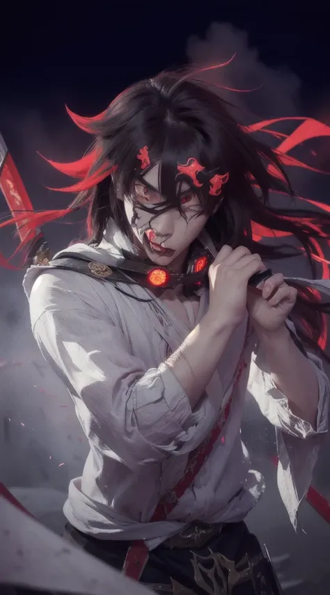 anime character with sword and demon face in the background, handsome guy in demon slayer art, demon slayer artstyle, handsome japanese demon 6 eyes boy, villain wearing a red oni mask, with red glowing eyes, red eyes glowing, beautiful male god of death, ...