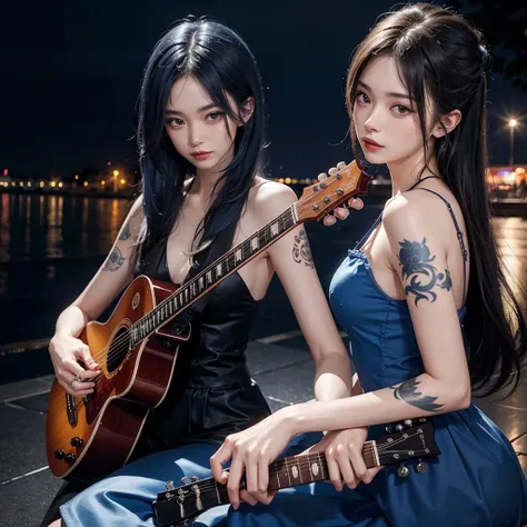 Beautiful woman playing guitar、Gibson style guitar、The guitar is blue、Beautiful women are European、Slender、Tattoo on arm、Hair color is ash、London at night in the background、The weather is rainy