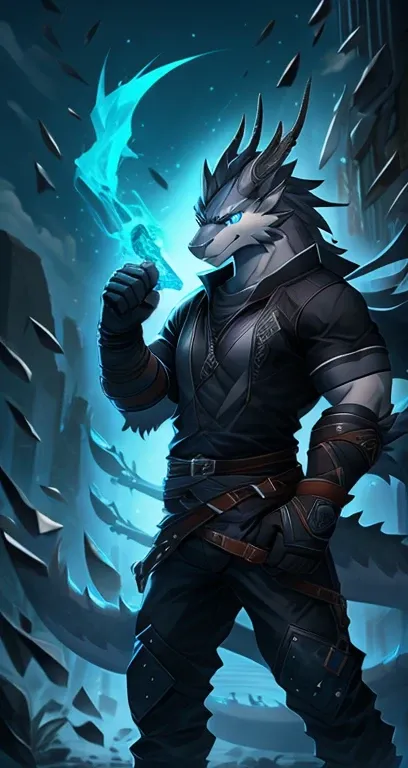 Masterpiece, Cool Pose, Furry Gray Dragon, Medium Strong Body, Blue Eyes, Grey Medium Hair, Combat Black Shirt, Combat Gloves, Combat Pants, Fierce, Good looking 