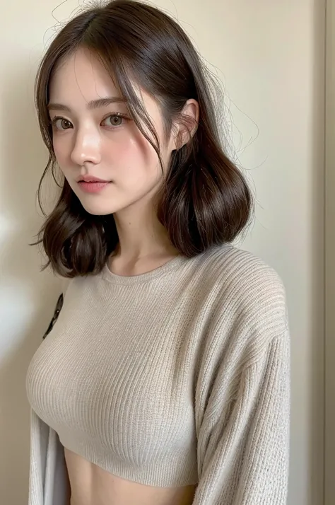 ((Highest quality, 8k, masterpiece :1.3)), One girl, Beautiful woman with slim abdominal muscles :1.3, (Random Hairstyles, Huge breasts :1.2), Casual clothing :1.2, indoor, Highly detailed face, Fine grain, double eyelid、Japanese women