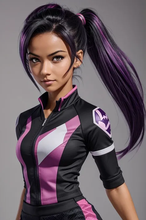 You can create an image of a My Hero Academia OC with dark gray hair with dark purple and black highlights., tied in a high ponytail, with bright pink snake eyes, tanned skin and shark teeth wearing the UA uniform 